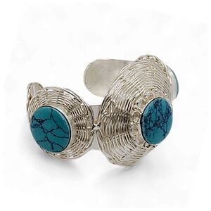 Tibetan Silver Hand Crafted Weaved Design Cuff Bracelet, 3 Faux Turquoise Stones